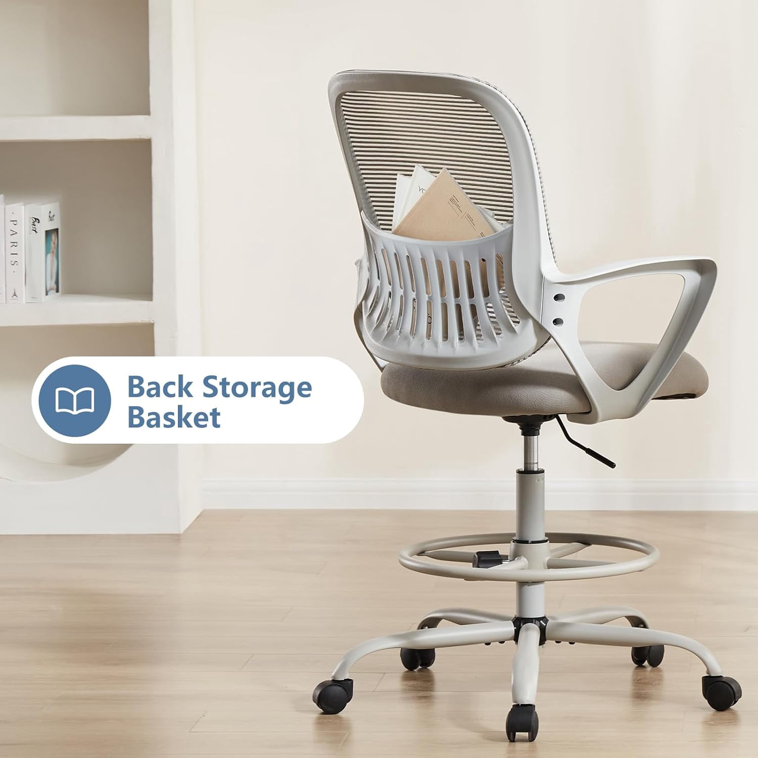 Ergonomic office chair, suitable for use with standing desks or bar counters, adjustable height, gray.