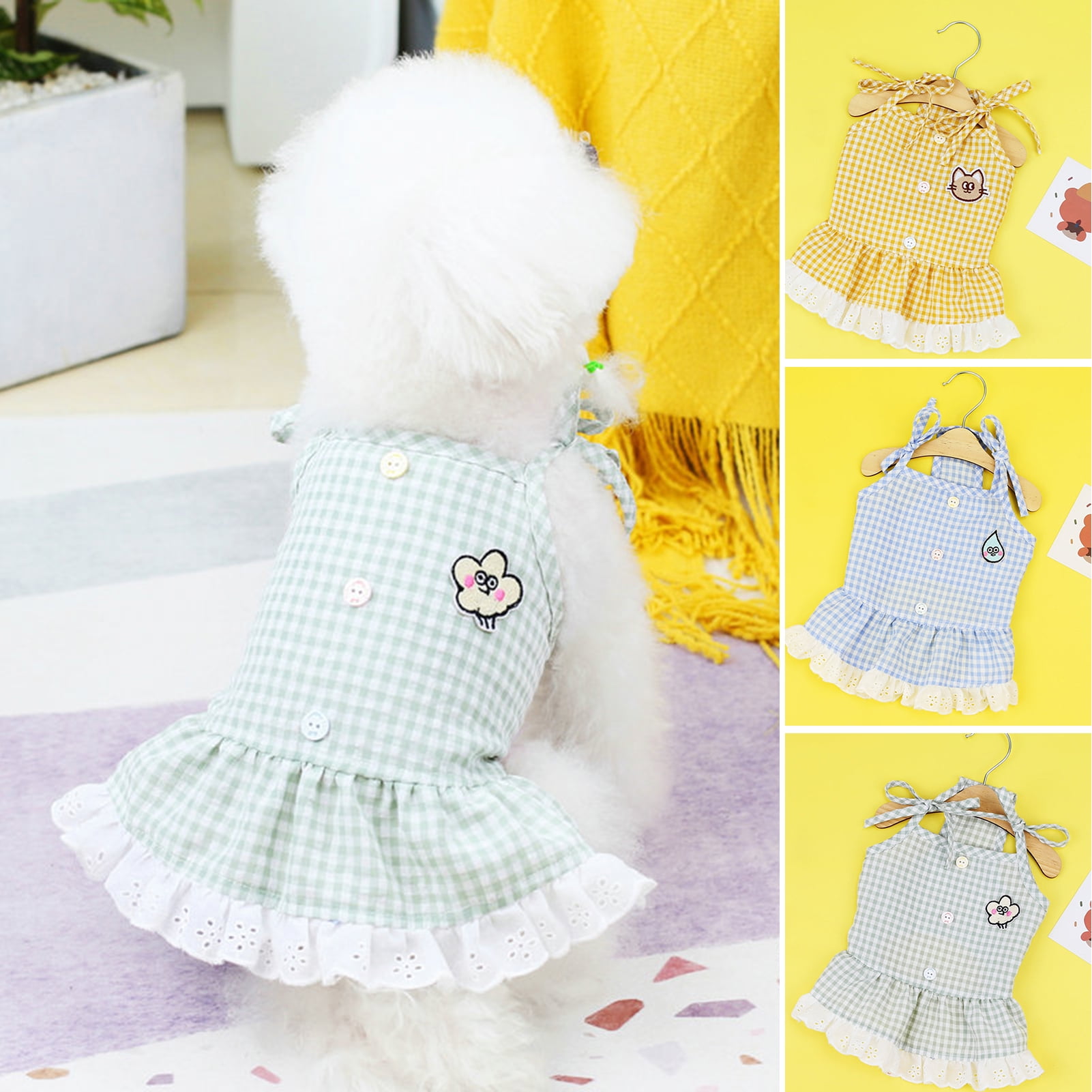 Hesroicy Lace Hem Checkered Pattern Button Decor Spring Summer Pet