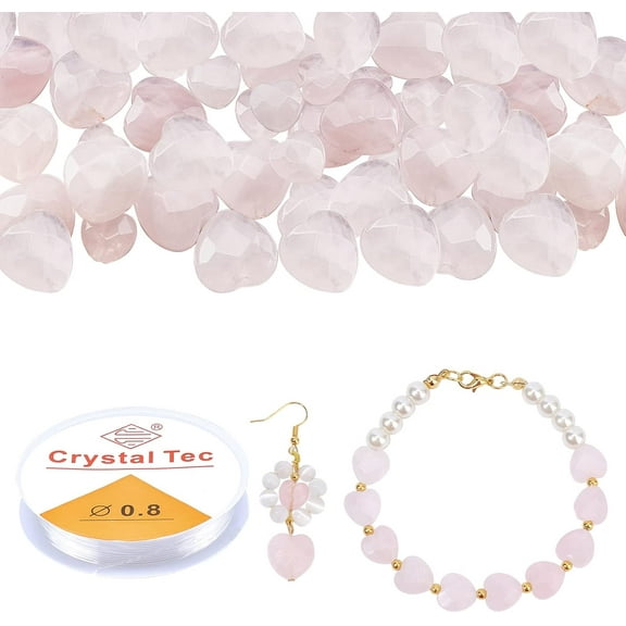 34 Pcs Natural Quartz Beads Heart Shape Stone Beads Faceted Gemstones Beads with 1 Roll Elastic Thread DIY