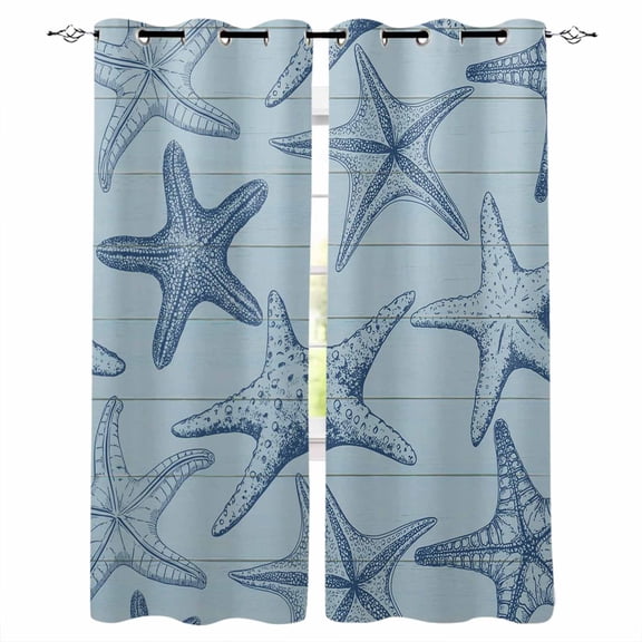 Navy Blue Starfish Blackout Curtains for Bedroom, Coastal Ocean Summer Sea Nautical Thermal Insulated Kitchen Drapes with Grommets, Light Blocking Window Treatment, 2 Panels 42" x 63"