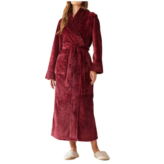successthop Plus Size Flannel Robe Long for Unisex Fuzzy Loungewear Long Winter Fall Sleepwear Bathrobe with Pockets Red