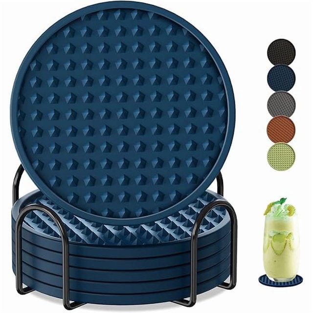 wonima02 Coasters for Drinks 6 Pack Drink Coasters with Holder,Heat Resistant Silicone Cup Mat Tabletop Protection,Non-Slip Rubber Coaster for Kinds of Cups (Blue)