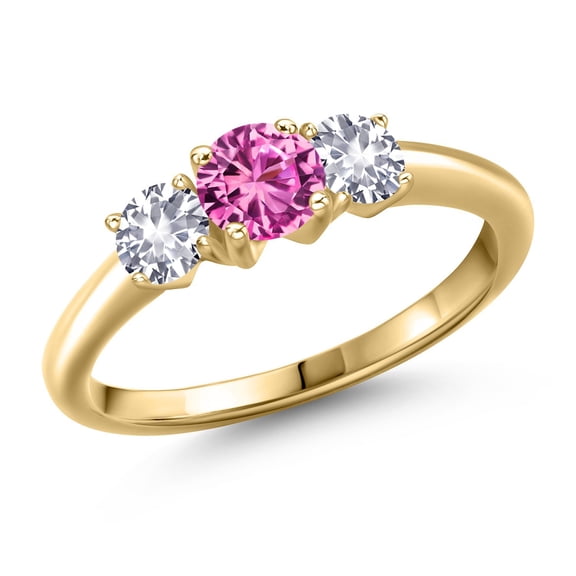 Gem Stone King 10K Yellow Gold Pink Created Sapphire and White Created Sapphire Engagement Ring for Women | 1.05 Cttw | Round 5MM | Gemstone September Birthstone | Size 6