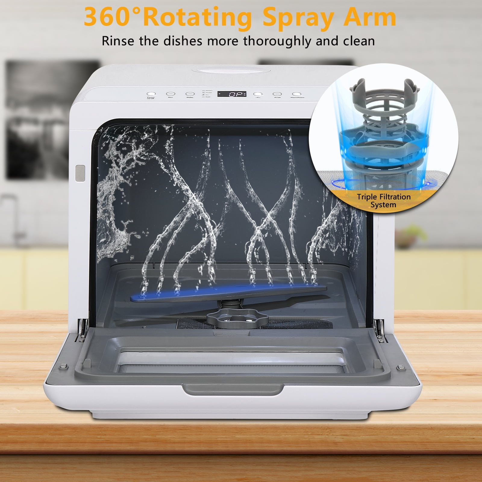 ROVSUN Portable Countertop Dishwasher, Mini Dishwasher with 5 Washing Programs, 5L Built-in Water Tank, 360° Spray Arms, Air-Dry Function & Fruit Cleaning for Apartments, Dorms and RVs (White) - 1