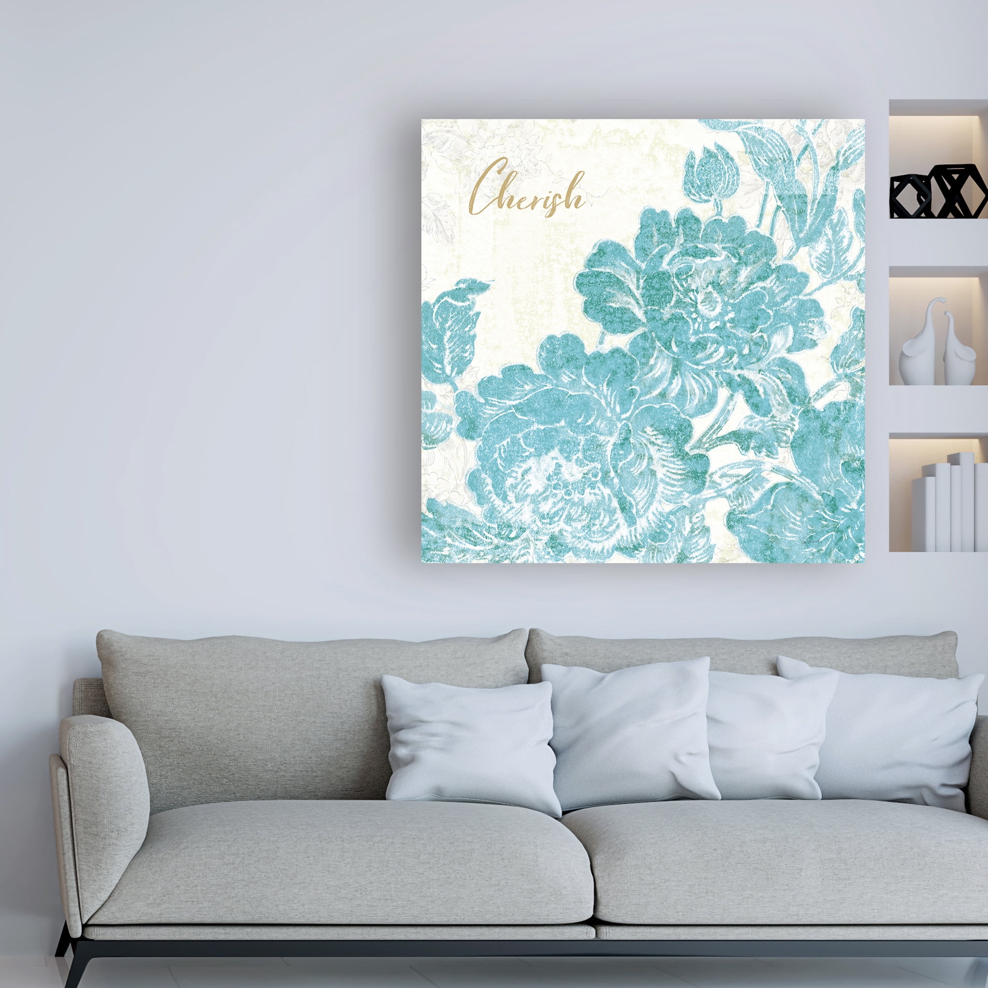 Trademark Fine Art 'Toile Roses V Teal Cherish' Canvas Art by Sue Schlabach