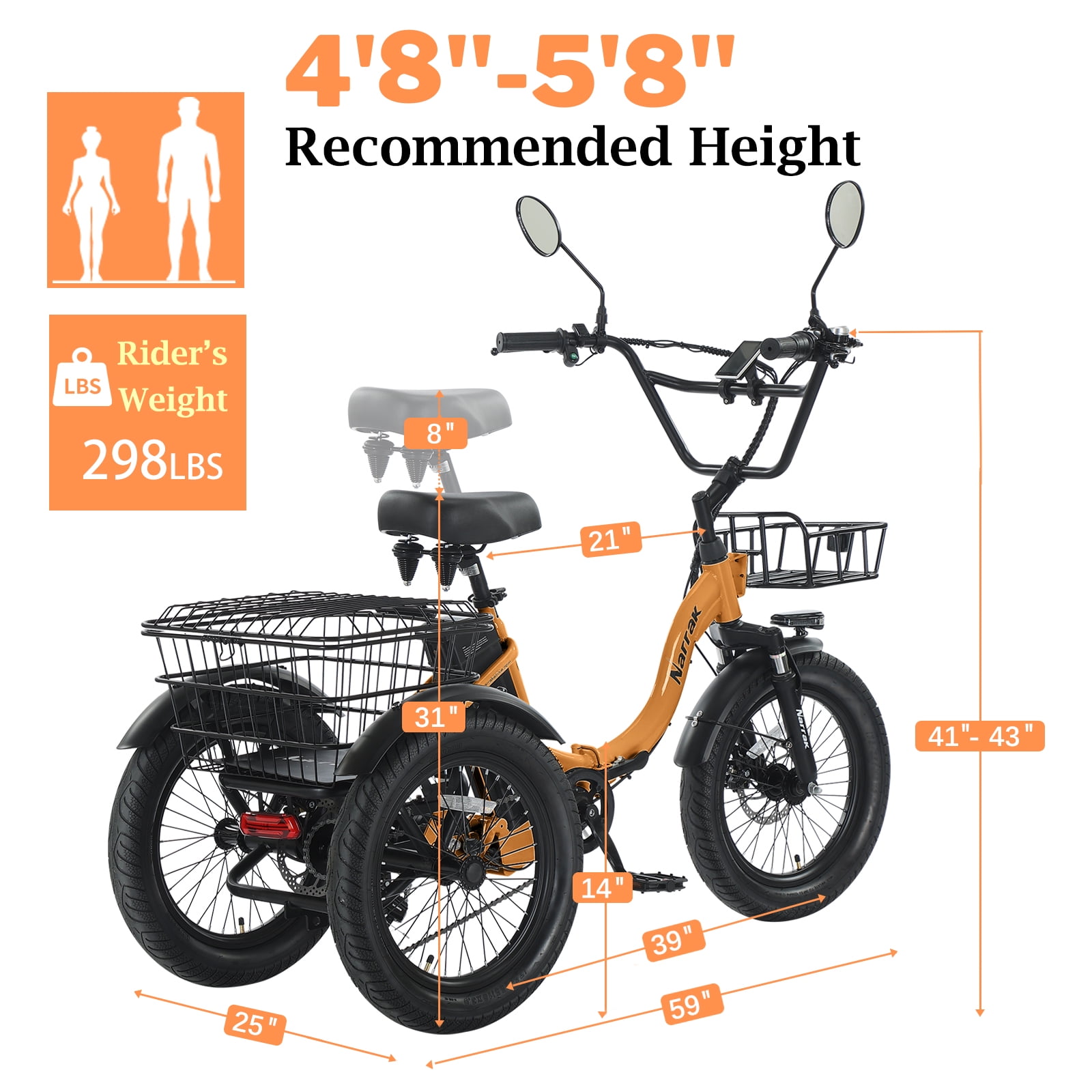 Electric Tricycle for Adults, Fat Tire Folding Trike, Peak 700W Step-Thru Etrike with Removable Battery and Large Basket