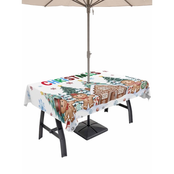 Outdoor Tablecloth with Umbrella Hole and Zipper, Gingerbread Christmas Rectangle Table Cloth 52x70 Inch Waterproof Tablecloth, Xmas Tree Snowflake Winter Picnic Table Cover for Patio Camping
