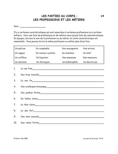 Activités reproductibles en français pour la classe de FLS sur les parties du corps