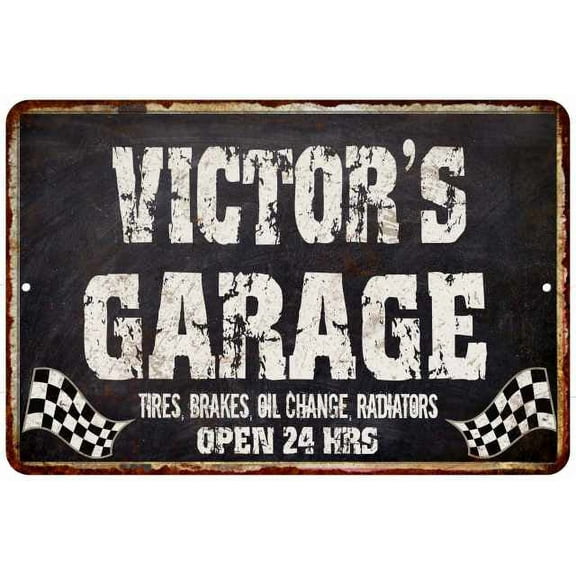 VICTOR'S Garage Black Grunge Sign 8 x 12 High Gloss Metal 208120005357