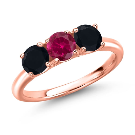 Gem Stone King 18K Rose Gold Plated Silver Red Created Ruby and Black Onyx Engagement Ring for Women | 1.55 Cttw | Round 5MM | Gemstone July Birthstone | Size 7