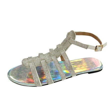 

nsendm Women s Dress Sandals Flats Women Fashion Flat Summer Sandals Buckle Retro Sandals Furry Sandals Women Silver 7.5