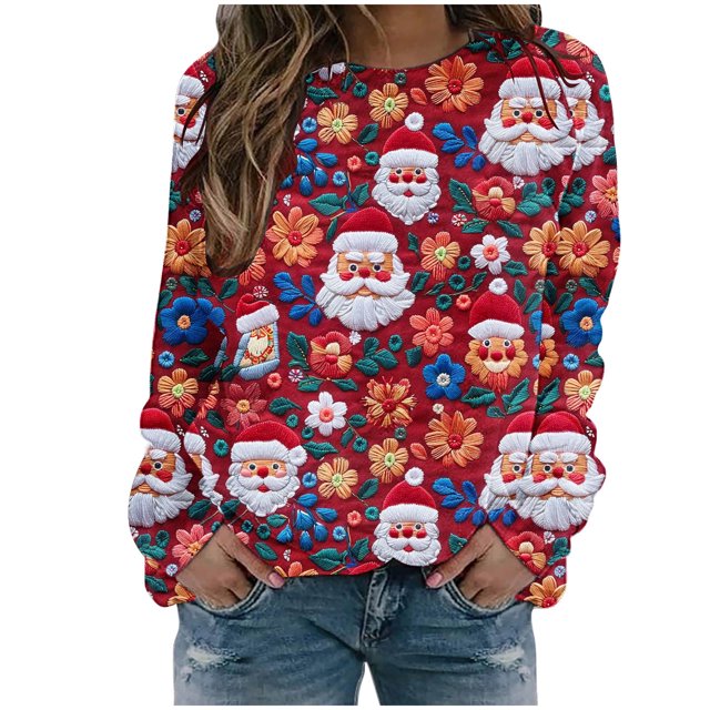 lcziwo Offres Prime Chandail de Noël pour Femme, Chandail de Noël pour Femme Chandails Graphiques 3D du Père Noël Manches Longues Col Rond Hauts de Fête de Noël Rouge, TG