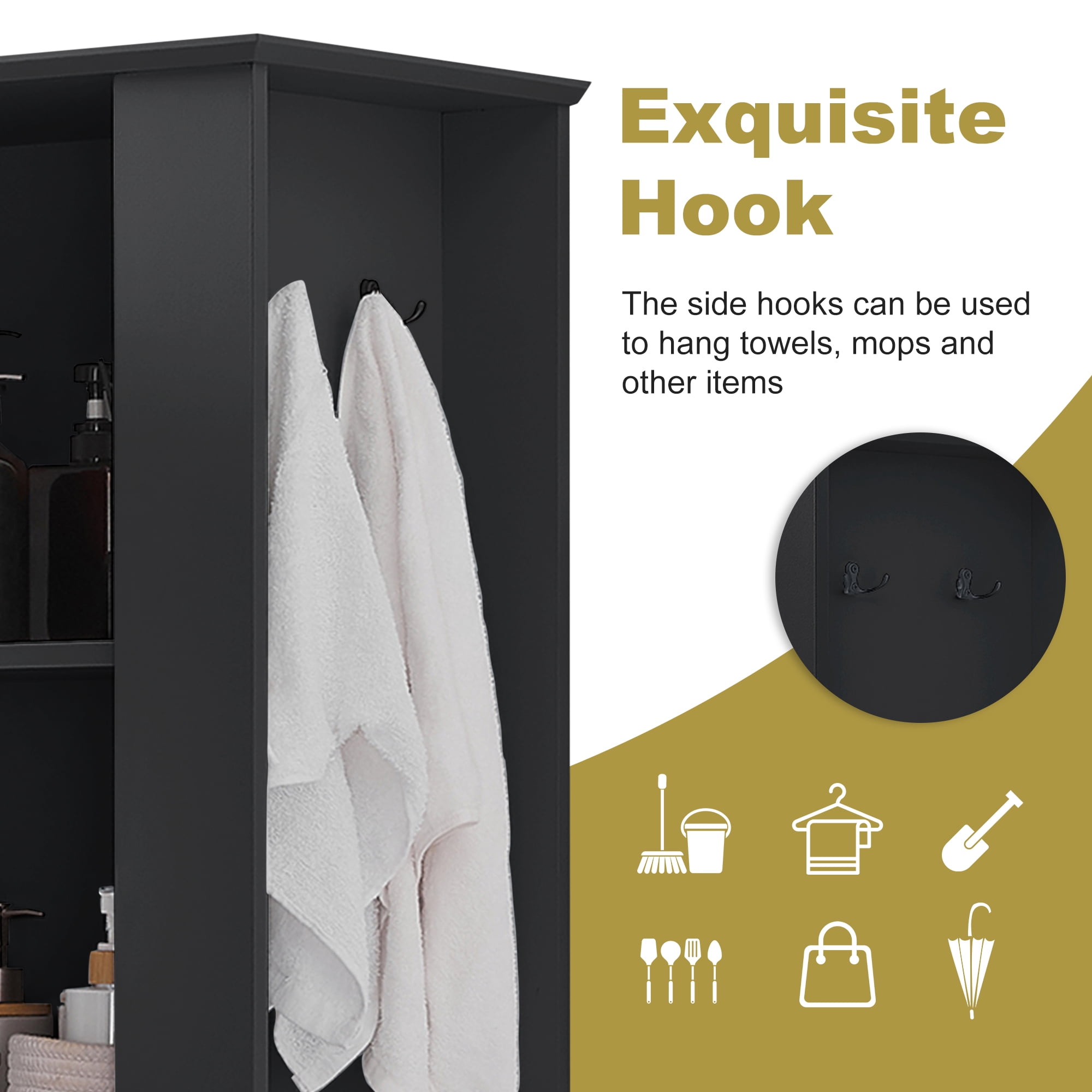 Leumius Modern Tall Storage Cabinet with Tilt-Out Compartment, Adjustable Shelves, Soft-Close Hinges, Aluminum Alloy Handles for Bathroom & Home Organization Black