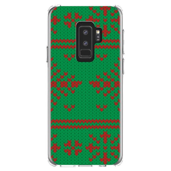 DistinctInk Clear Shockproof Hybrid Case for Samsung Galaxy S9  PLUS (6.2" Screen) - TPU Bumper, Acrylic Back, Tempered Glass Screen Protector - Green Red Ugly Christmas Sweater - Christmas All Year
