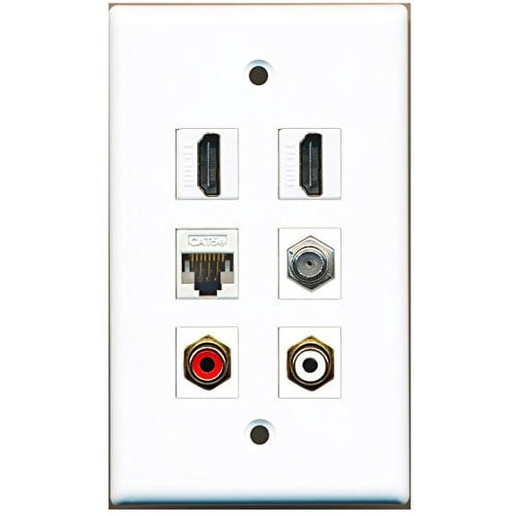 RiteAV - 2 HDMI 1 Port RCA Red 1 Port RCA White 1 Port Coax Cable TV- F-Type 1 Port Cat5e Ethernet White Wall Plate
