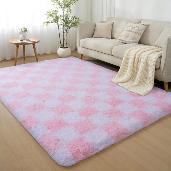 Janvonne Fluffy Checkered Area Rugs for Bedroom,4x6ft Soft Non Skid Easy-care Shaggy Carpets for Living Room, Dorms,Children's Room,Home Decor Aesthetics,White and pink