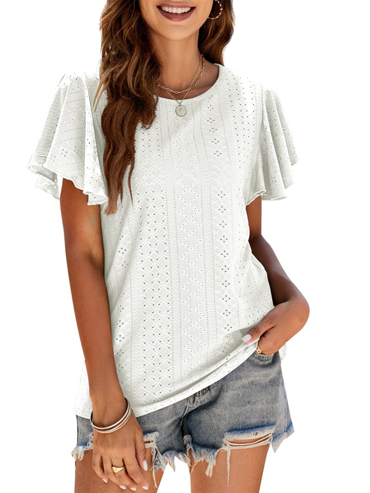 Purcoar Womens Ruffle Blouses Summer Shirts Short Sleeve Knit Tops ...
