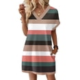 thumbnail image 2 of Women's Striped Print V-Neck Short Sleeve Casual Dress with Pocket, Pullover Summer Dress, Comfortable Loose Fit, Fashionable Ladies Daily Wear,Watermelon Red,S, 2 of 8