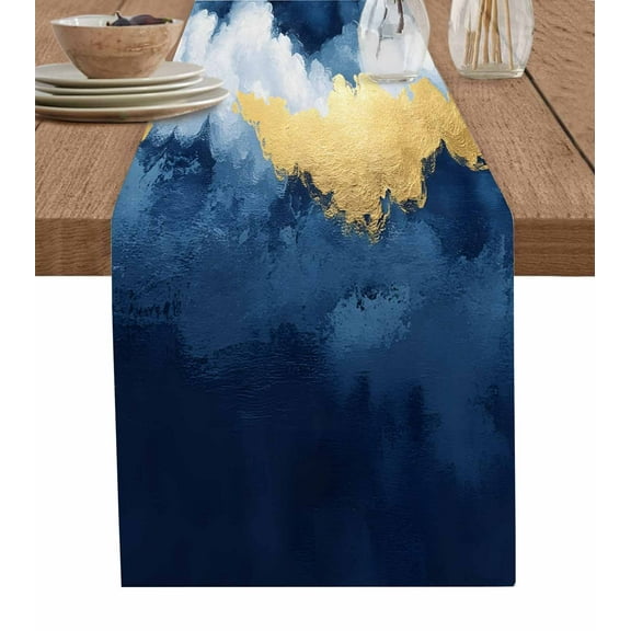 Navy Blue Gold Table Runner-Cotton Linen- 72 Inch Holiday Dresser Scarves, Modern Abstract Wave Art Seaside Scenery Tablerunner for Kitchen Coffee/Dining Bedroom Living Room Dinner Scarf Décor 13x72