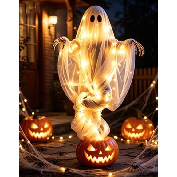 CHJK Halloween Swirling Ghost Pumpkin Light, 51" Lighted Spooky Ghost Statue, Warm LED Outdoor Porch Pathway Decor, Fall Autumn Garden Lawn Holiday Ornament for Halloween Party Decoration