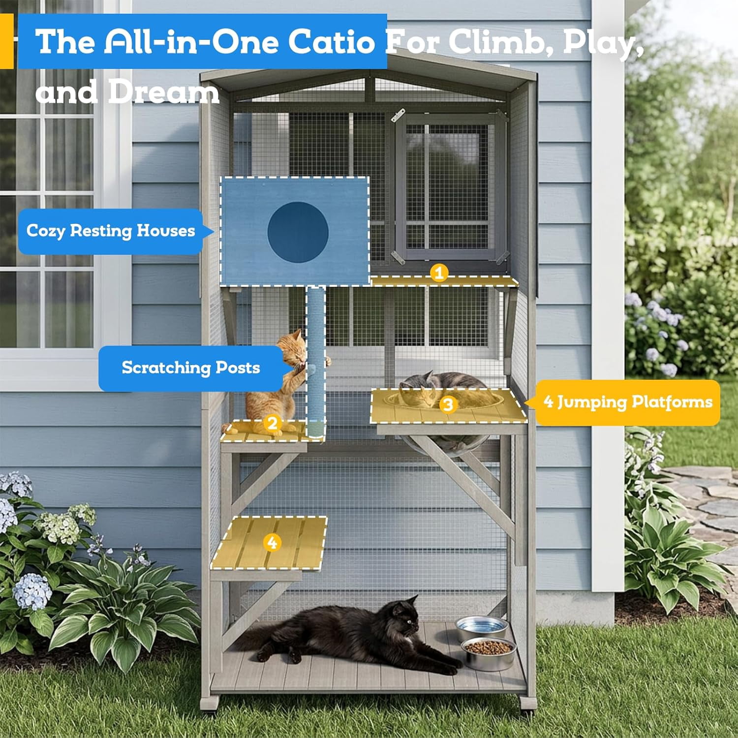 66" Tall Portable Catio Outdoor Cat Enclosure with Wheels, Window Connection Cat House, 4-Tier Activity Center with Acrylic Pod