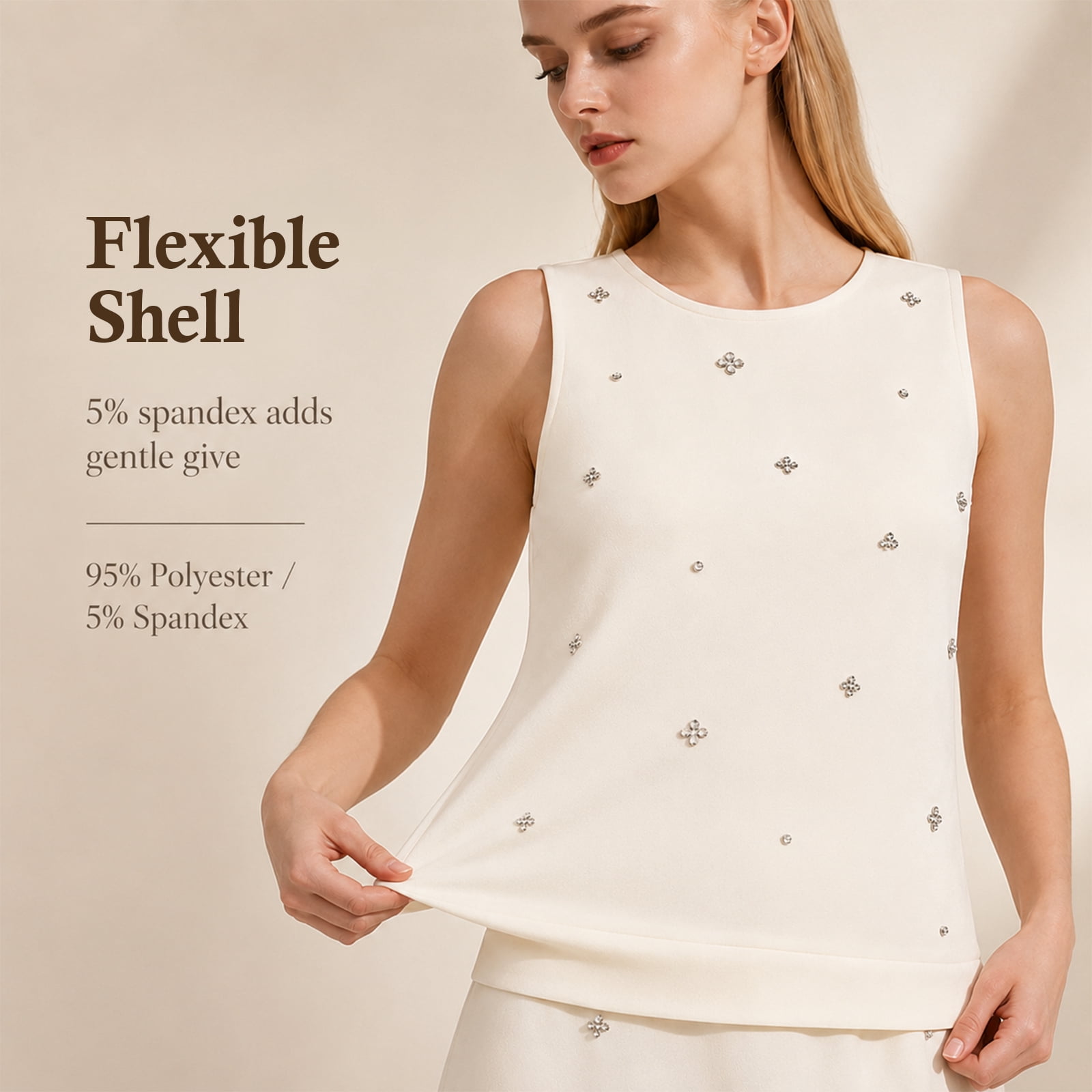 Alvantor Women's Sleeveless Blouse, Embellished Crew Neck Stretch Top with Keyhole Back, Ivory