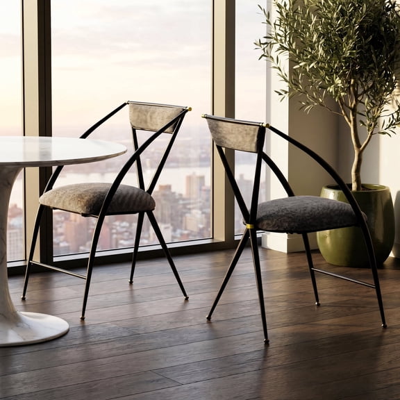BIANCHINI Mid-Century French Dining Chairs Set of 2, Black Metal Frame, Brown Upholstered with Gold Accents for Home, Kitchen