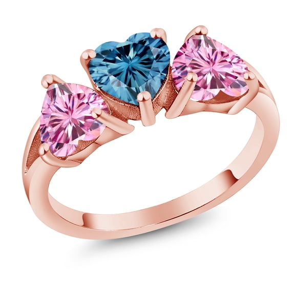 Gem Stone King 18K Rose Gold Plated Silver 3-Stone Ring Heart Shape Persian Blue Moissanite and Vivid Moissanite Pink (2.40 Cttw, Size 7)