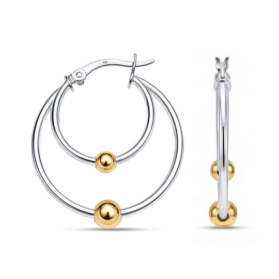 LeCalla 925 Sterling Silver Beaded Hoop Earrings for Women | 14K Gold-Plated Two-Tone Double Hoop Earrings with Bead | Gold Bead Accent Interlinked Hoops | Lightweight Click-Top Hoops Earring 30MM