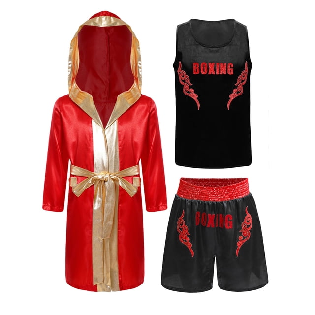 TiaoBug Tenue de Boxe pour Garçons Costume de Jeu de Rôle Robe de Boxe à Capuche en Satin avec Débardeurs Sans Manches et Shorts Ensemble Noir&Rouge 14