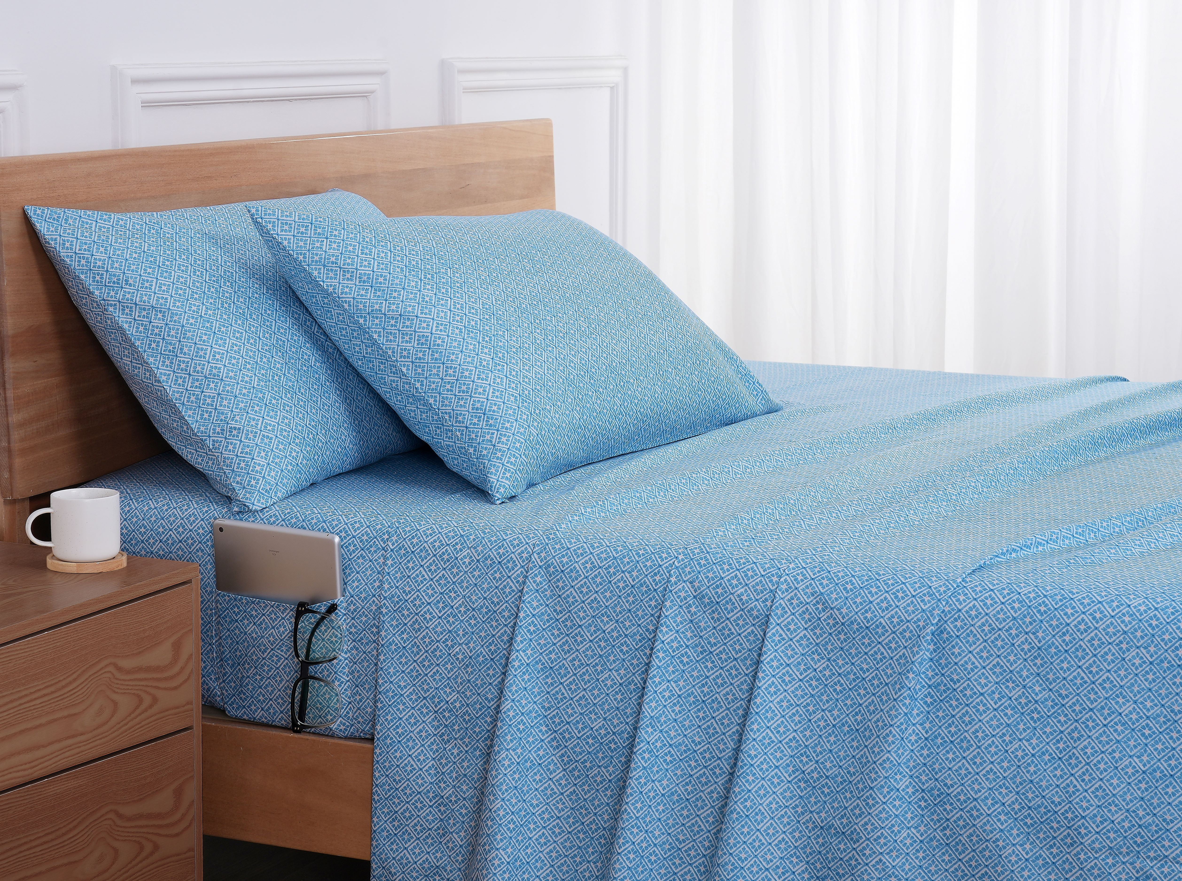 Mainstays by Becky G. & Alejandra 3-Piece Blue Cool Geo Super Soft Microfiber Bed Sheet Set, Twin-XL