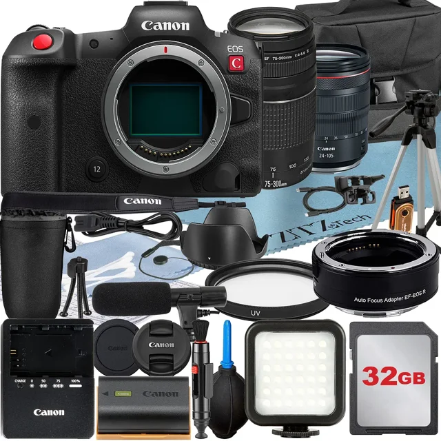 Canon EOS R5 C Mirrorless Cinema Camera with RF 24-105mm Lens + EF 75-300mm + Mount Adapter + 32GB Memory Card + Case + LED Flash + ZeeTech Accessory Bundle