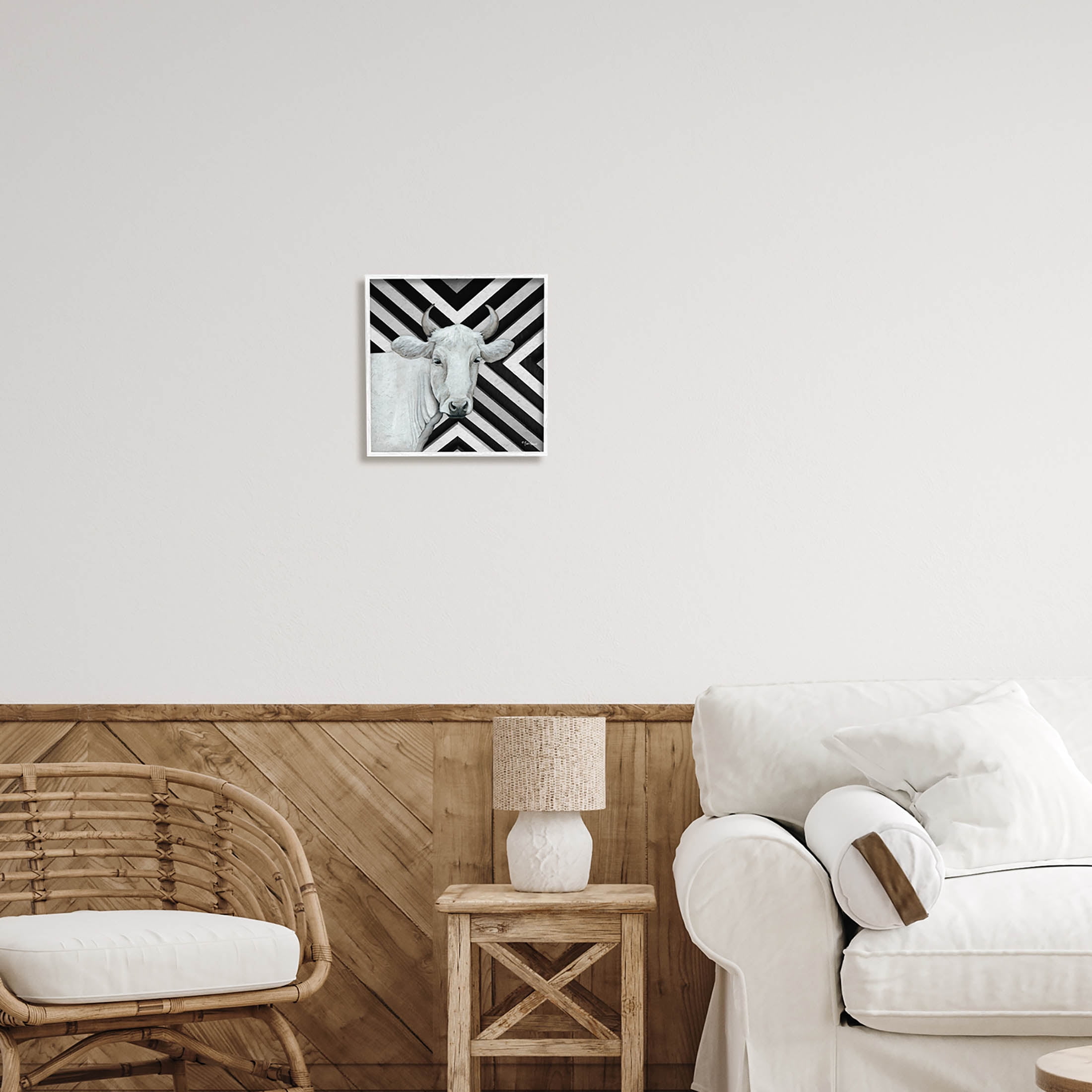 White Cattle Chevron Stripes Animals & Insects Graphic Art White Framed Art Print Wall Art