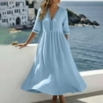 thumbnail image 3 of Ohufall Cotton Linen Dress for Women Hollow Out Pleated Dresses V Neck Half Sleeve Vacation Beach Maxi Dress, 3 of 8
