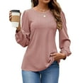 thumbnail image 2 of Long Sleeve Eyelet Tops for Women 2025 Spring Fall Crew Neck Shirts Casual Loose Blouse Trend Outfits Clothes Pink M, 2 of 9