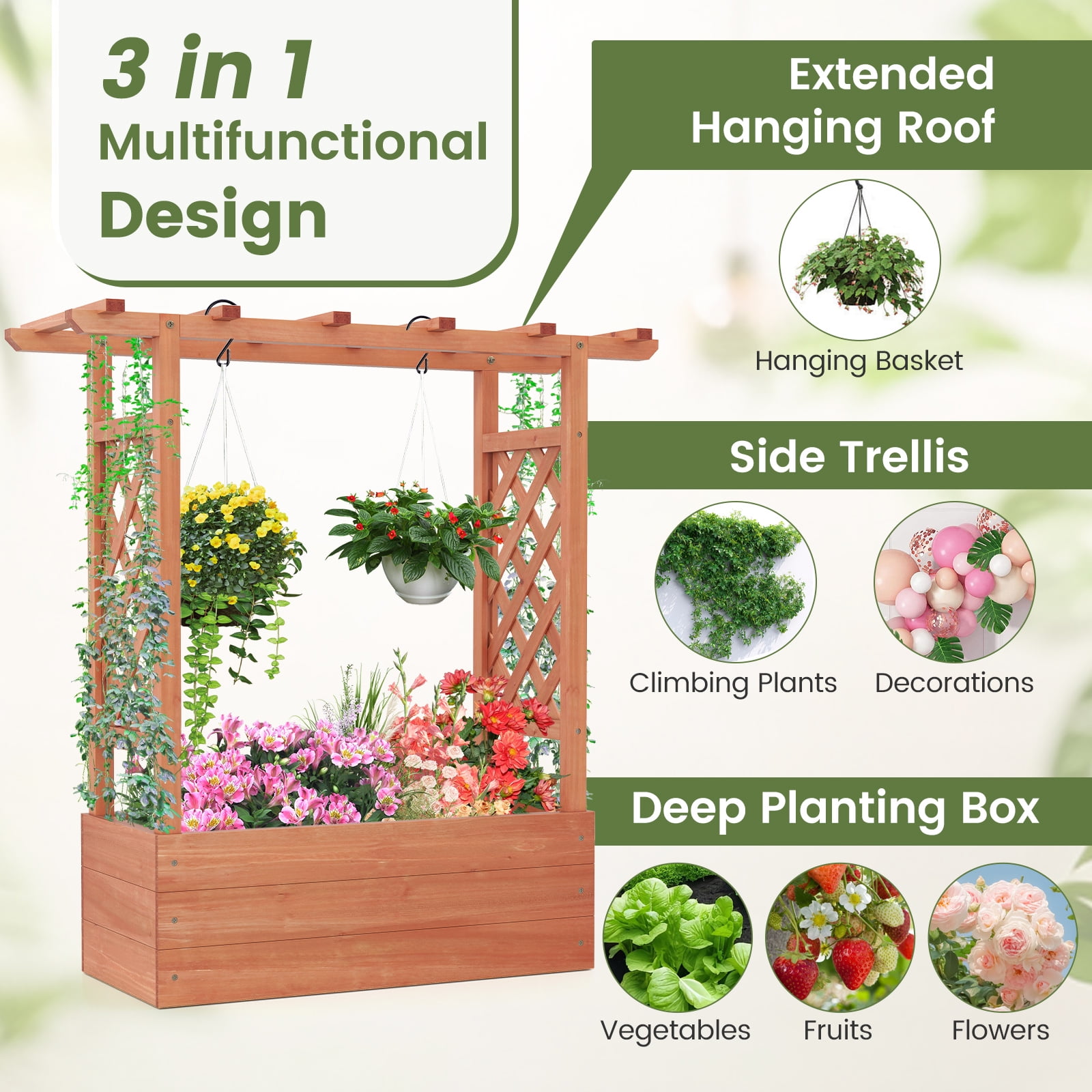 Patiojoy Raised Garden Bed with Trellis Indoor & Outdoor Planter Box with Top & Side Trellis Drainage Holes Elevated Feet for Vine Climbing Plant