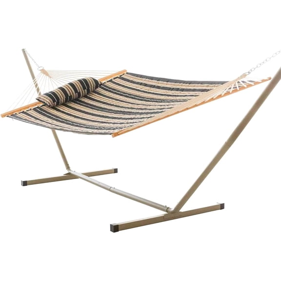 Castaway Living Large 2-Person Quilted Hammock with Stand & Pillow – Beige & Black Stripe, 10 ft. L x 52 in. W, 350 lb Capacity, Weather-Resistant Polyester, Portable Space-Saving Frame