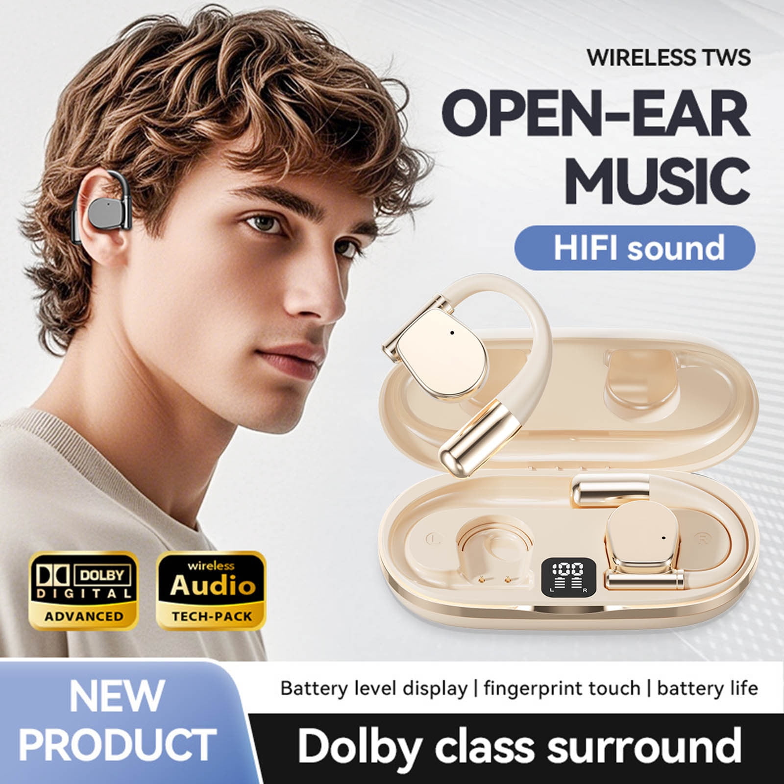 Nkmbld Wireless Earbuds Wireless Bluetooth Earphones Open End Non in Ear HD Call Digital Display Earphones, Beige