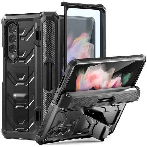 SaniMore for Samsung Galaxy Z Fold 4 Tempered Glass Screen Case, Rugged PC Case with Pen Holder Adjustable Kickstand Wireless Charging Shockproof Protective Case for Samsung Z Fold 4, Black