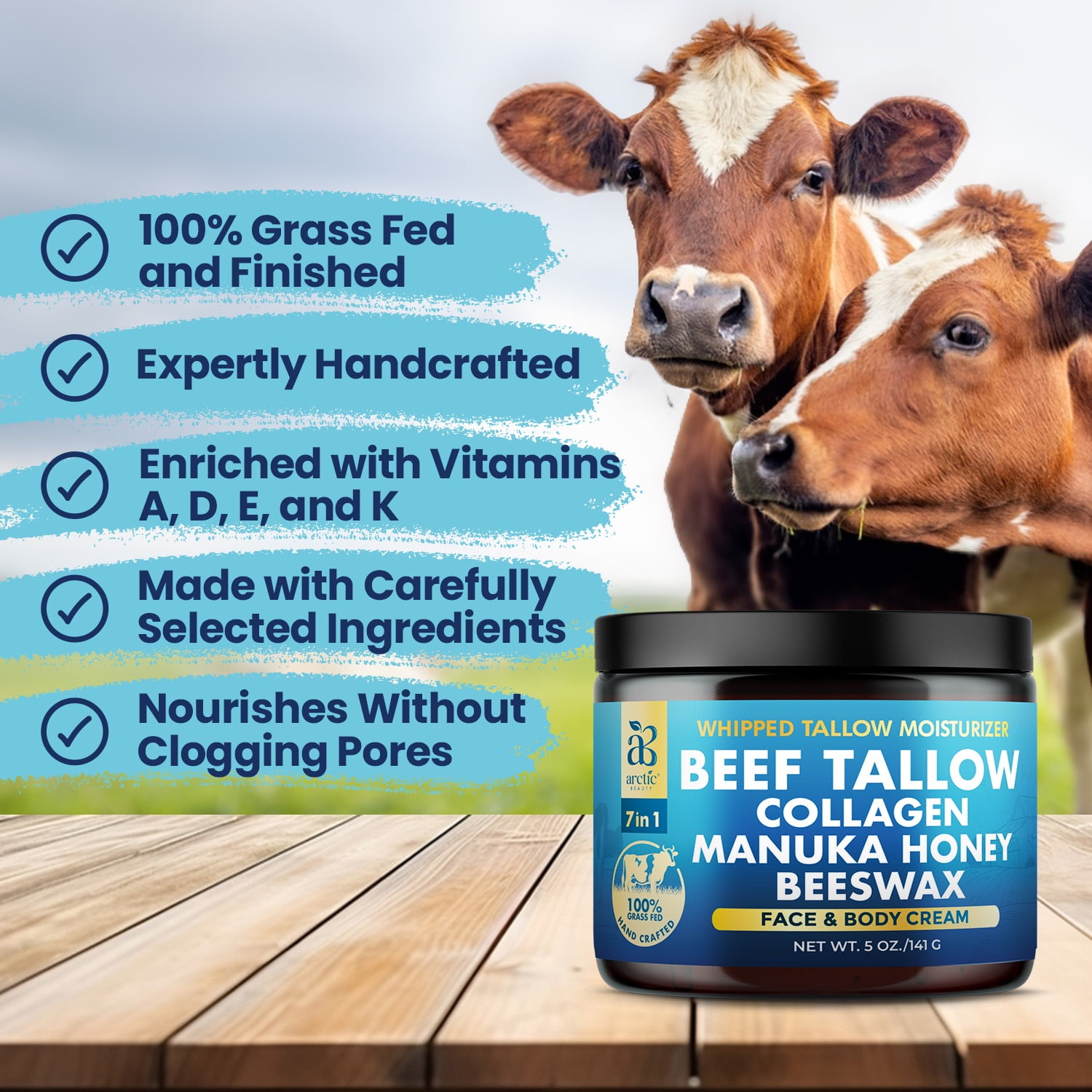 Arctic Beauty Organic Grass-Fed Beef Tallow Balm with Manuka Honey, Aloe Vera & Collagen, Natural Moisturizer, 5 oz