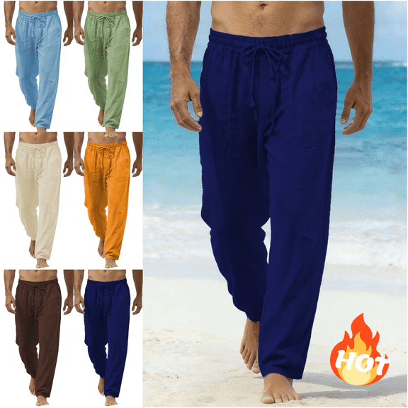 Mifsaly Wide Leg Linen Pants for Men Baggy Summer Vacation Beach Trousers Drawstring Elastic Waist Lightweight Breathable Lounge Pant with Pockets XXXXXL