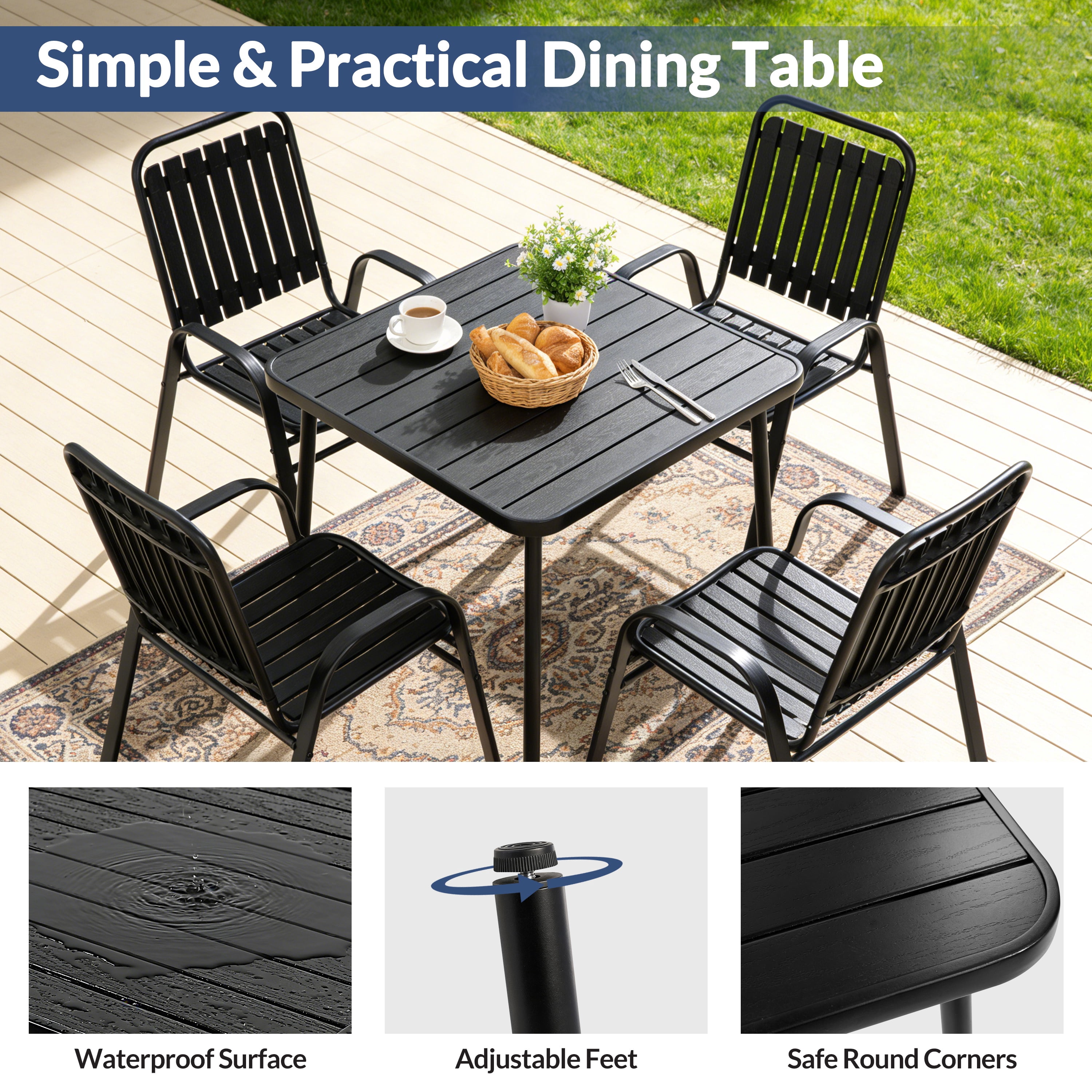 5 Piece Outdoor Dining Set, Patio Furniture Set with 4 Armrest Chairs and Steel Slat Table, All-Weather Conversation Set for Patio, Backyard, Deck, Poolside - Black