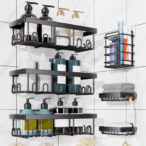 6 Pack Adhesive Shower Shelves,Bathroom Shower Organizer,Rustproof Stainless Steel Shower Organizers And Storage,Bathroom Accessory Decor Set with Soap Toothbrush Holder for Kitchen Home Black