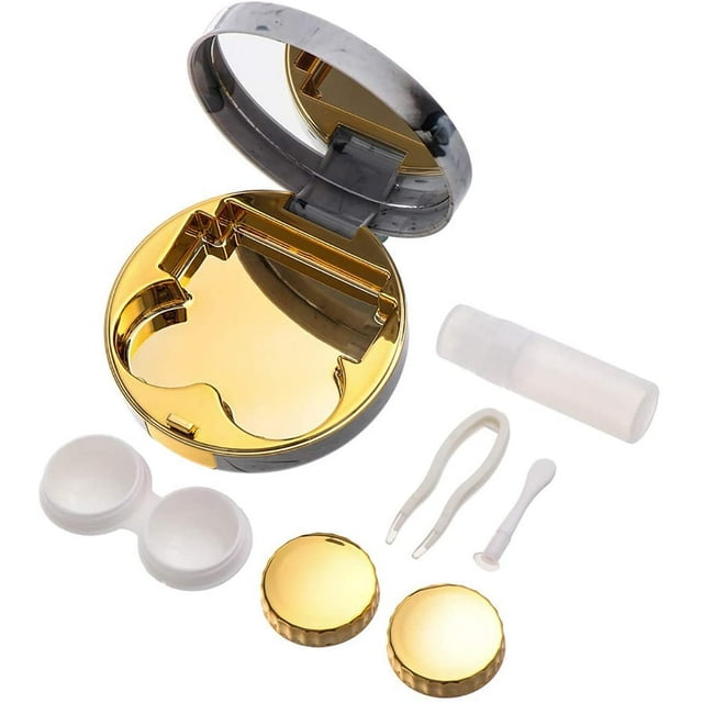 Mini Stylish Simple Contact Lens Travel Case,Container Kit Set Contacts Lens Hard Case Travel & Home Kit Mirror with Bottle with Tweezers Container Holder (Gold)