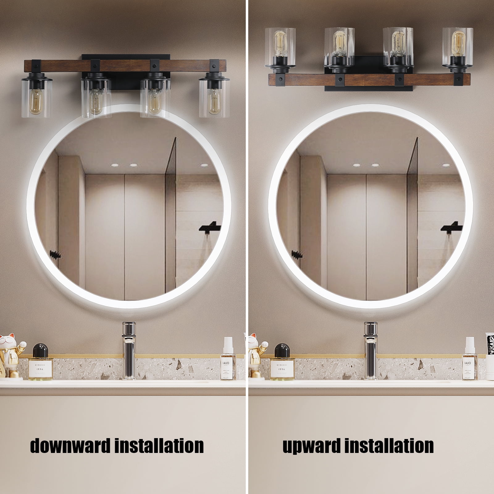 4 Lights 27.2inch Bathroom Vanity Light Fixtures , Wooden Farmhouse Vanity Lights Rustic Bathroom Lights Over Mirror with Clear Glass Shade Black Industrial Wall Sconce