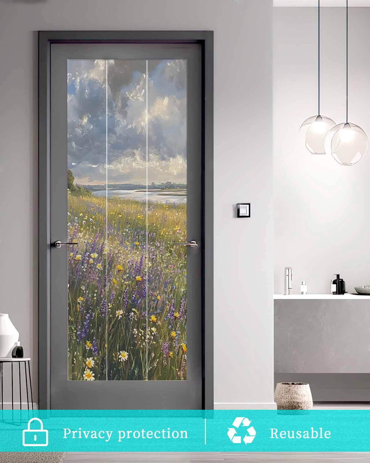Window Privacy Film Spring Floral Stained Glass Window Film Decorative Sun Block Window Cover Pastoral Botanical Oil Painting Flower Window Clings Static Adhesive Sticker for Bathroom 29.5"x78.7"