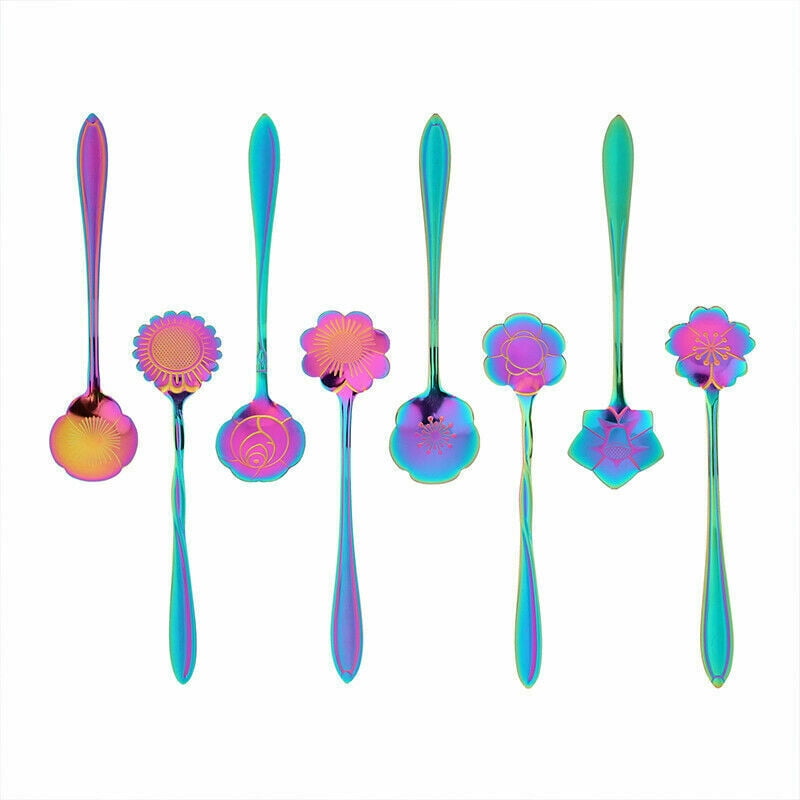 Nroom 1PCS Metal Colorful Creative Stainless Steel Flower Spoon Rose Cherry Blossoms 