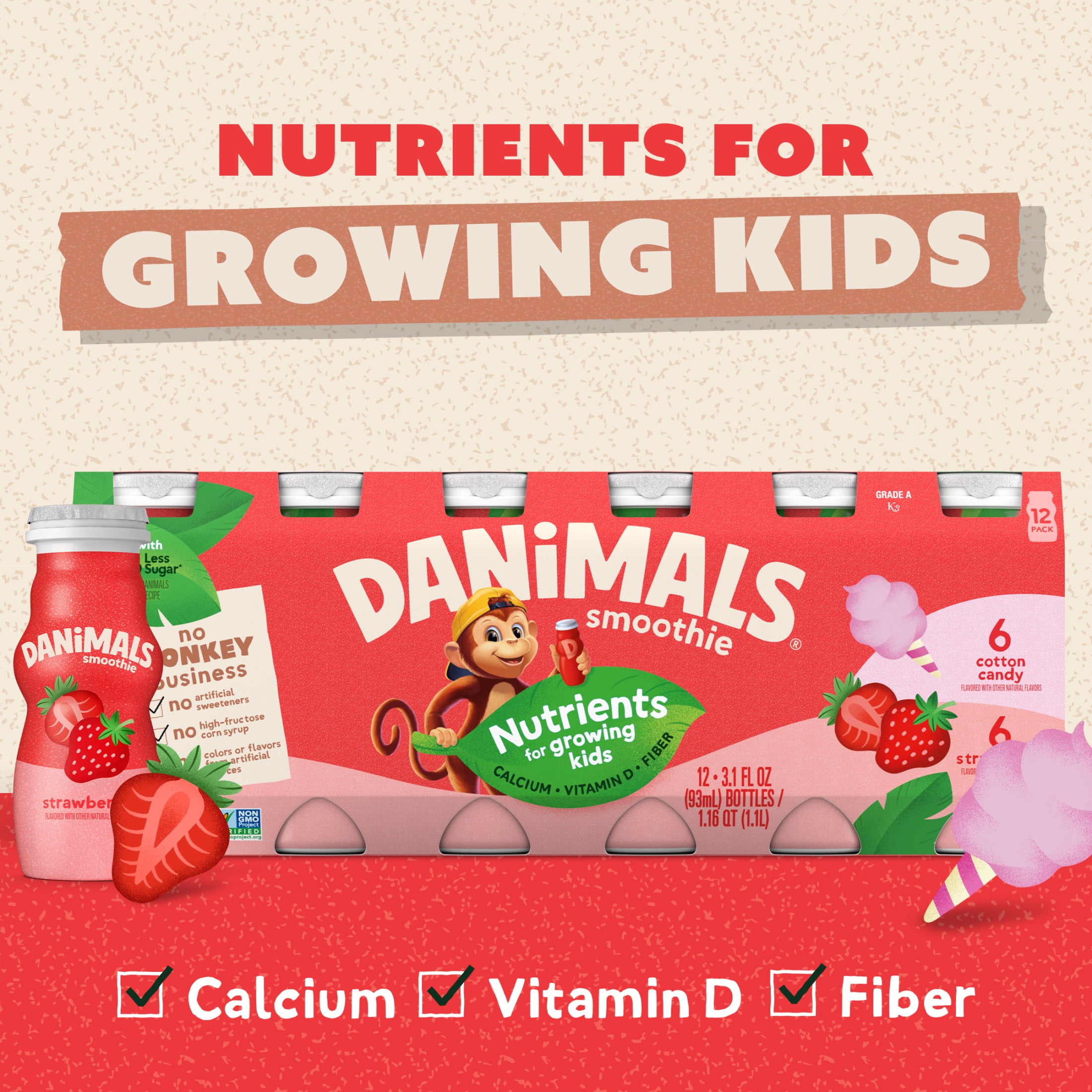 Danimals Smoothie Strawberry and Cotton Candy Low Fat Dairy Drink Smoothie Bottles Multi-Pack, 3.1 fl oz, 12 Count​
