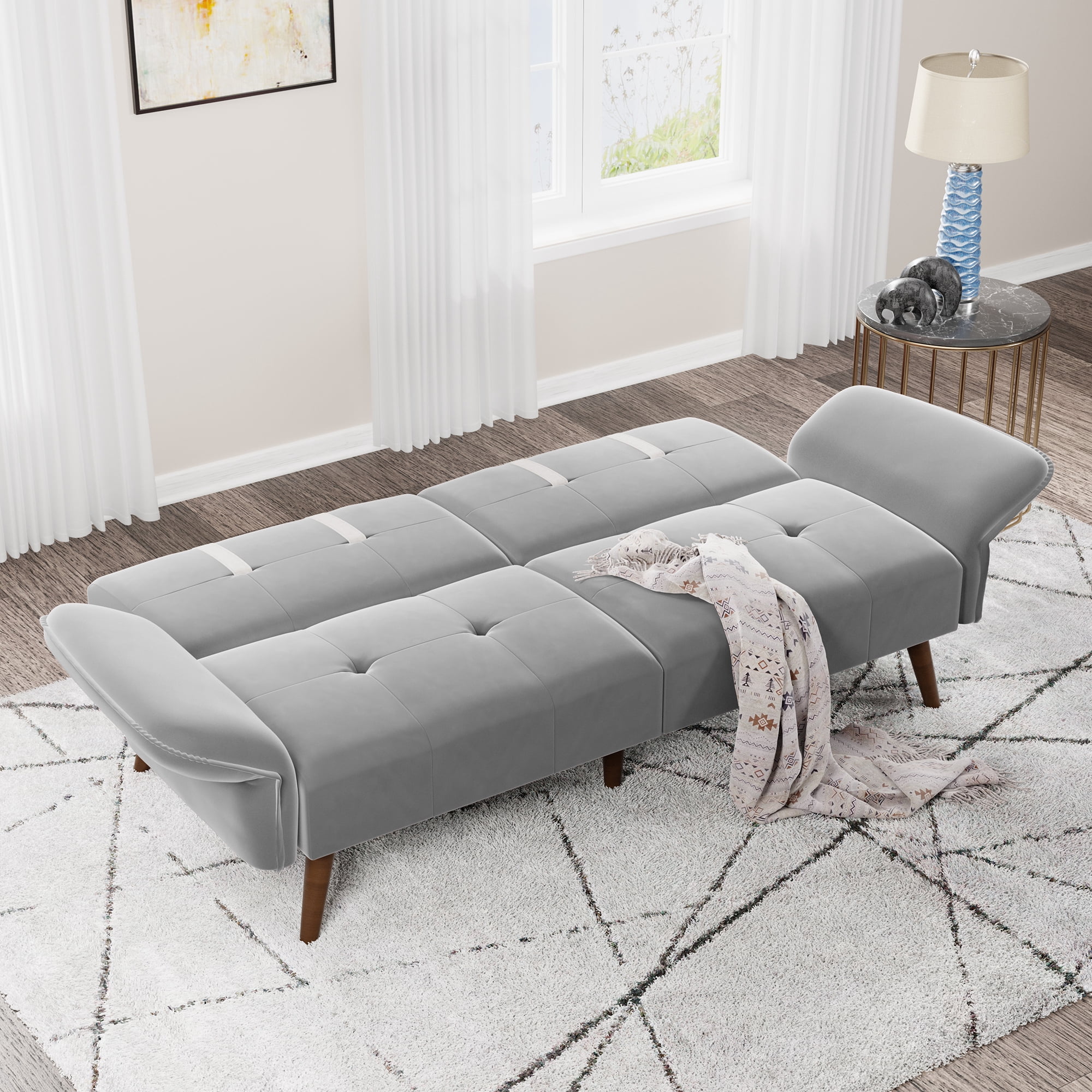 Walsunny 79" Velvet Futon Couch Sofa Bed, Folding Sleeper Loveseat with Adjustable Armrests Backrest Light Grey