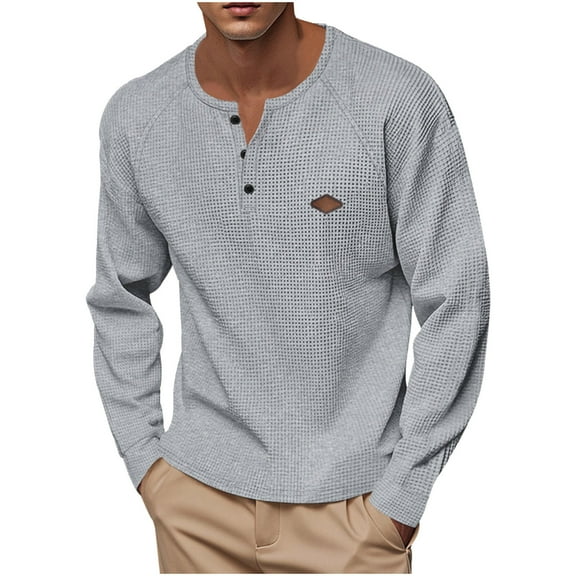 YLSDY Fashion Men's Waffle Long Sleeve Shirt Henley Shirt for Men Fall Fashion Casual Crew Neck Solid Color T Shirts Gray L